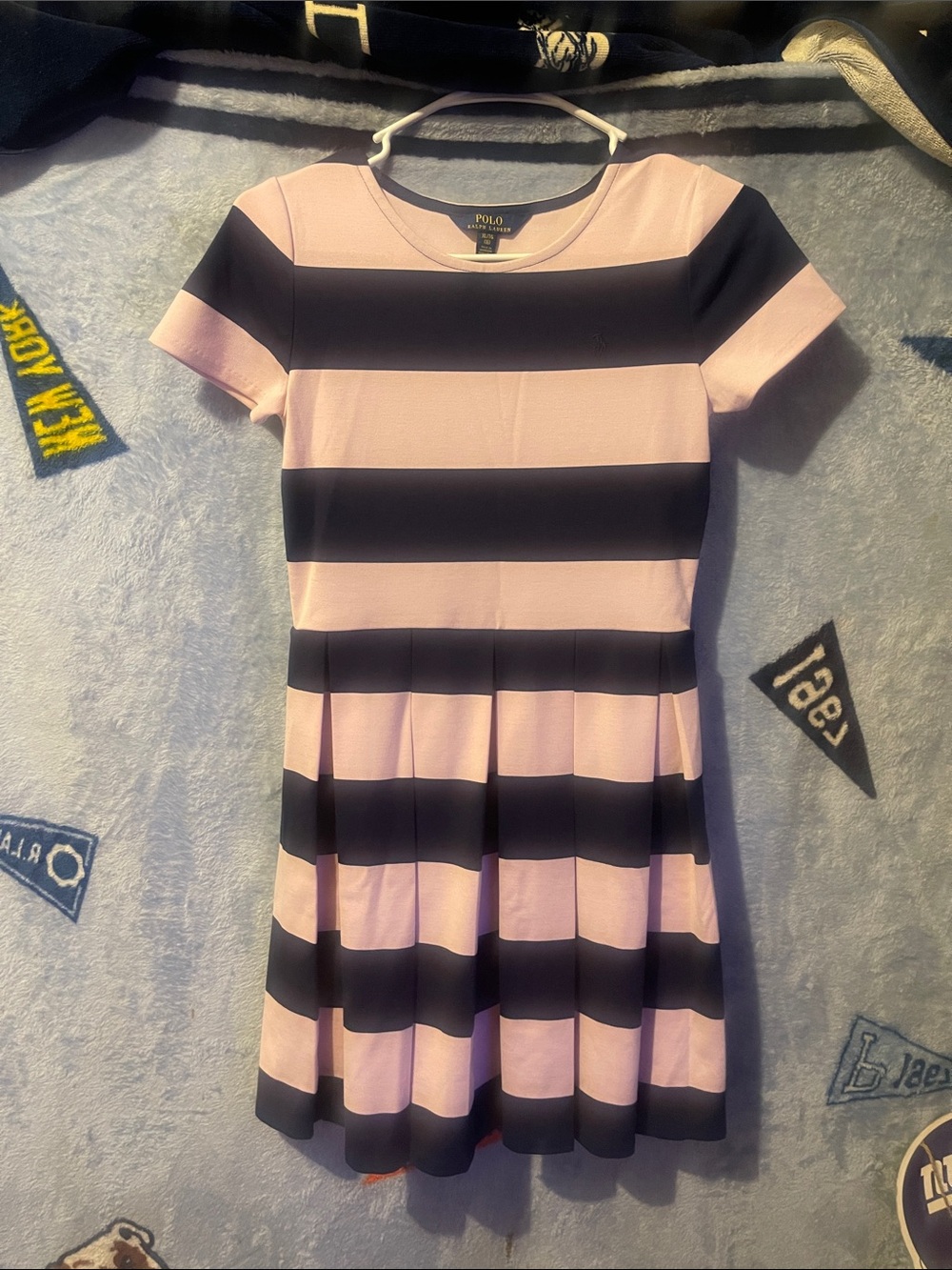 Polo by Ralph Lauren Pink and Navy Horizontal Stripe Fit-and-Flare Dress